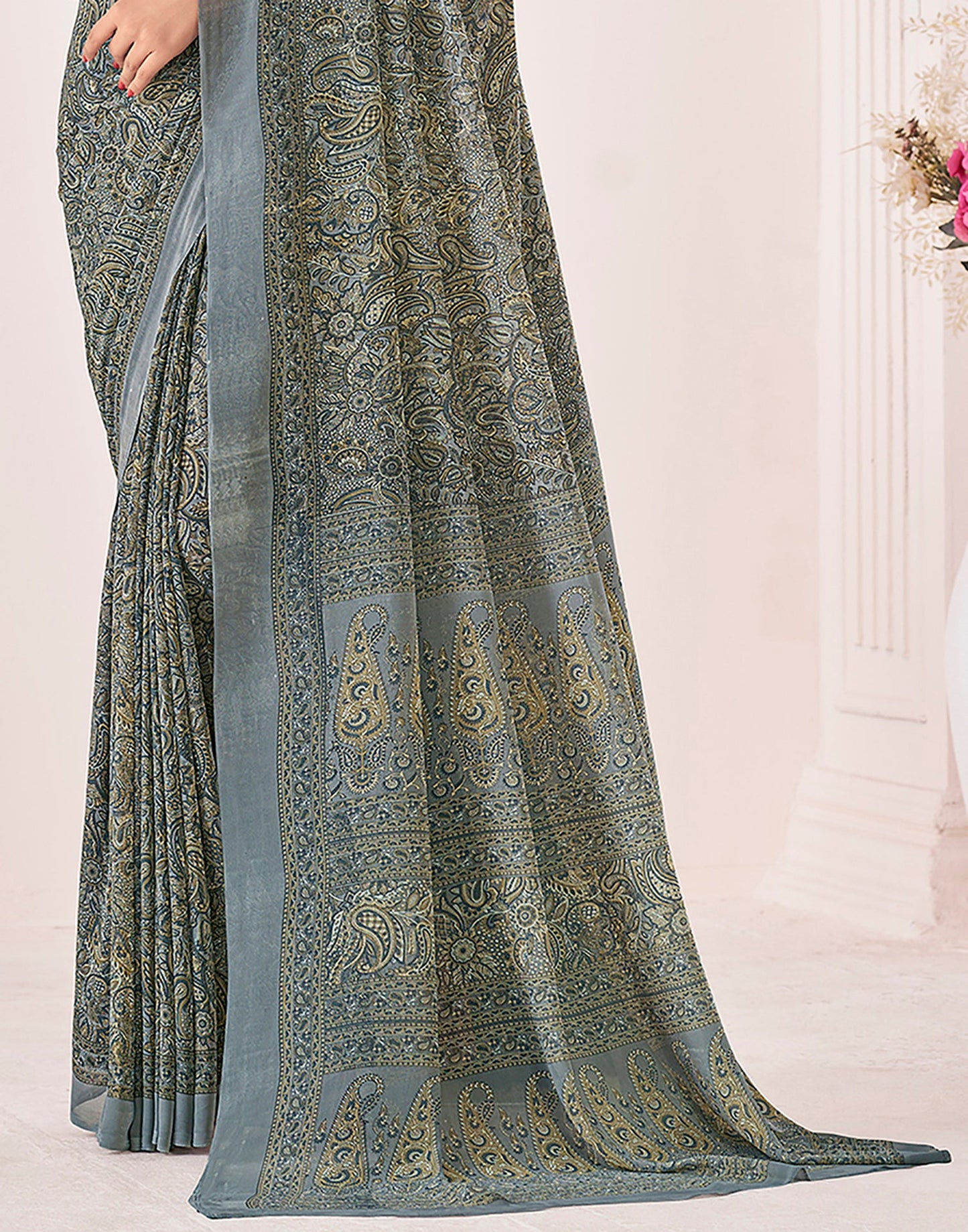 Dark Grey Georgette Printed Saree