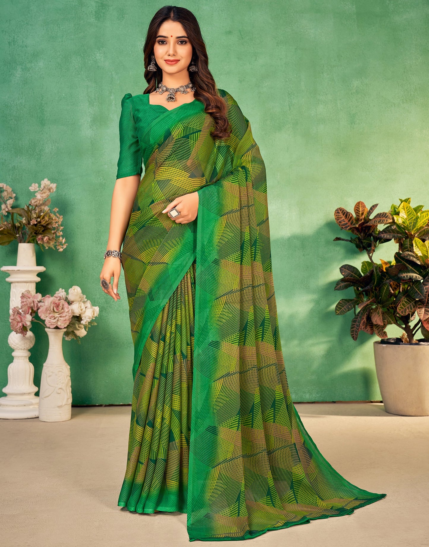 Green Chiffon Printed Saree