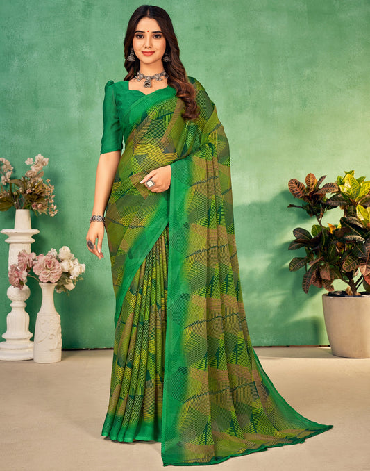 Green Chiffon Printed Saree