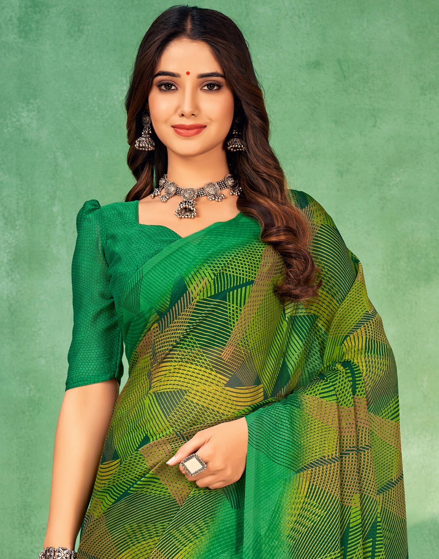 Green Chiffon Printed Saree