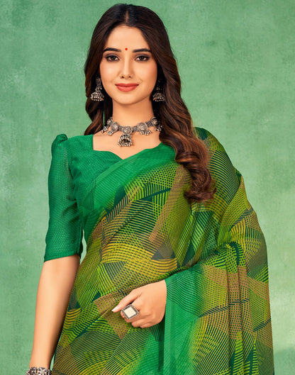 Green Chiffon Printed Saree