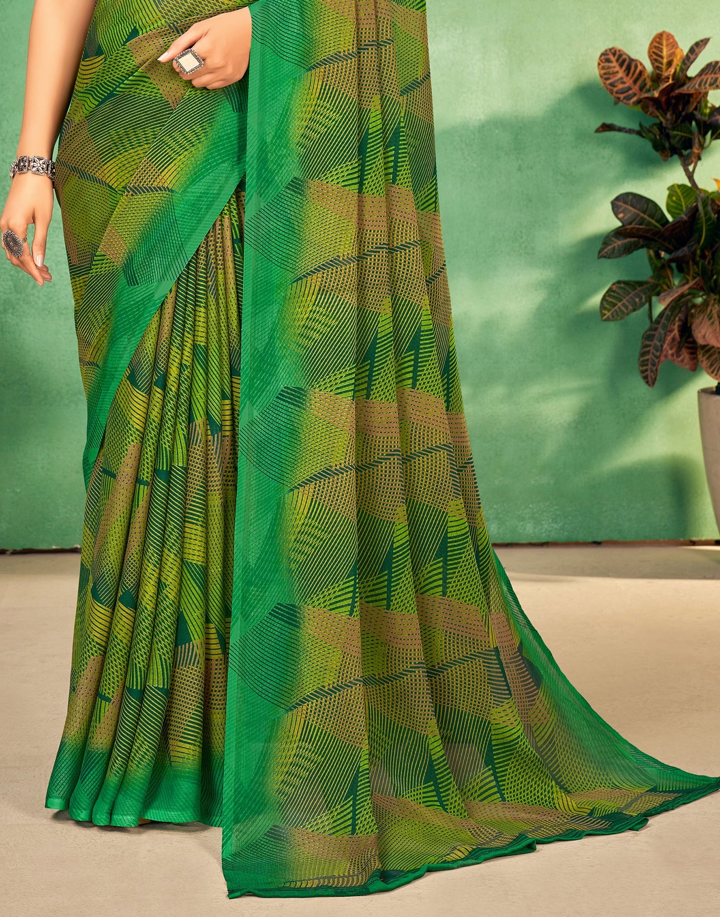 Green Chiffon Printed Saree