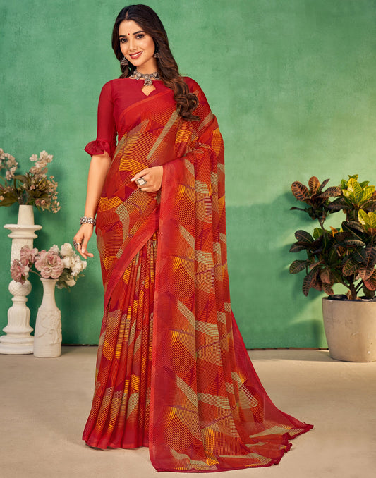 Red Chiffon Printed Saree