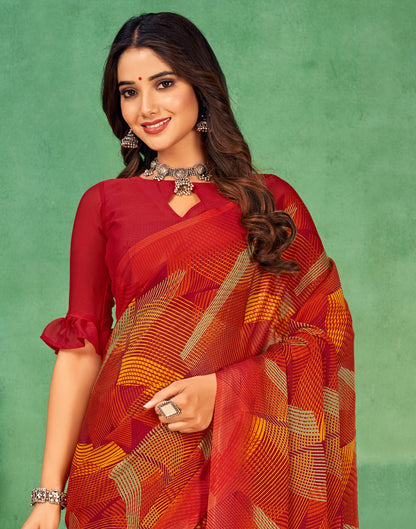 Red Chiffon Printed Saree