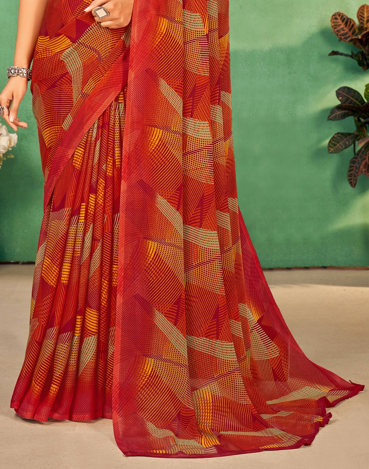 Red Chiffon Printed Saree