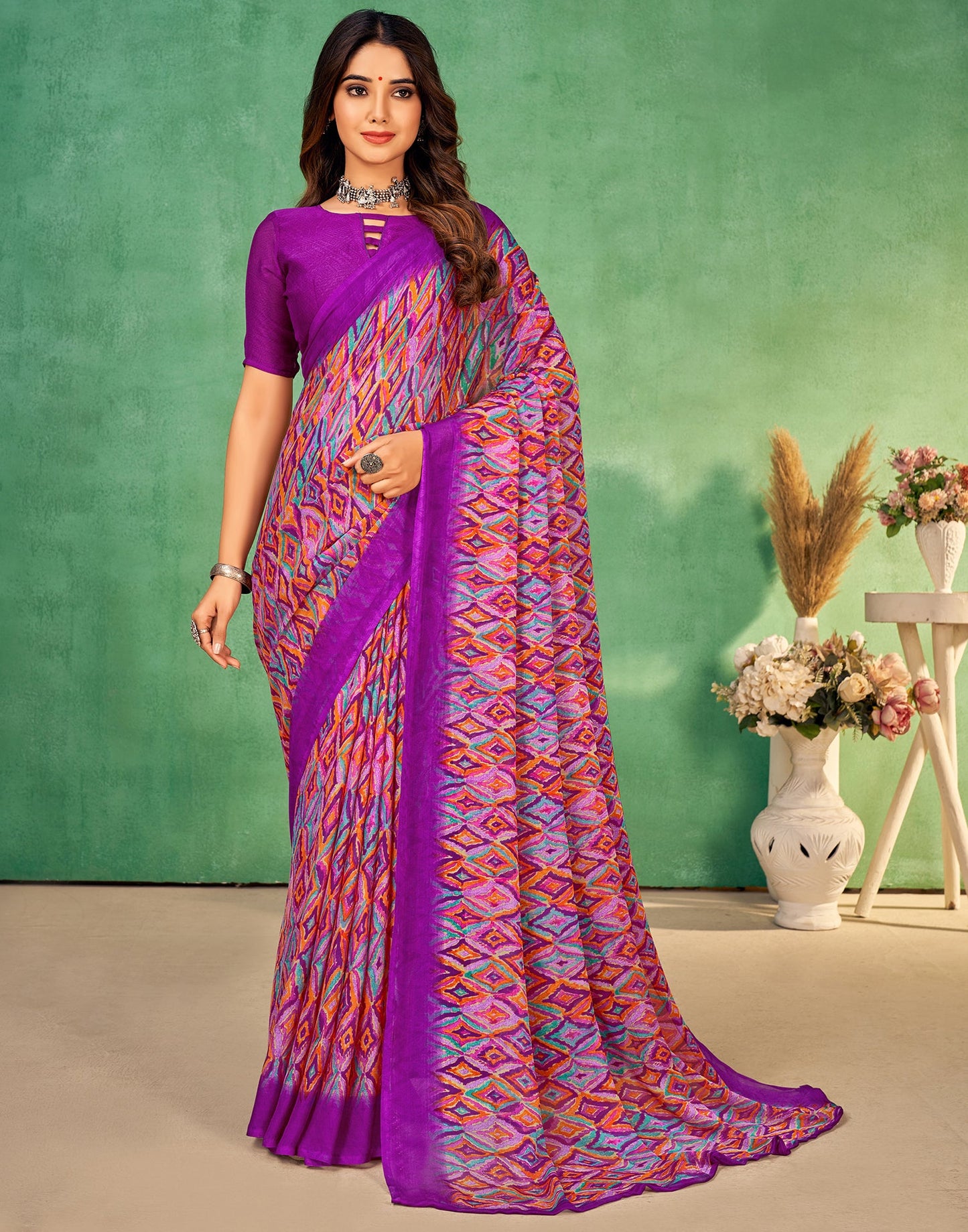 Dark Pink Chiffon Printed Saree