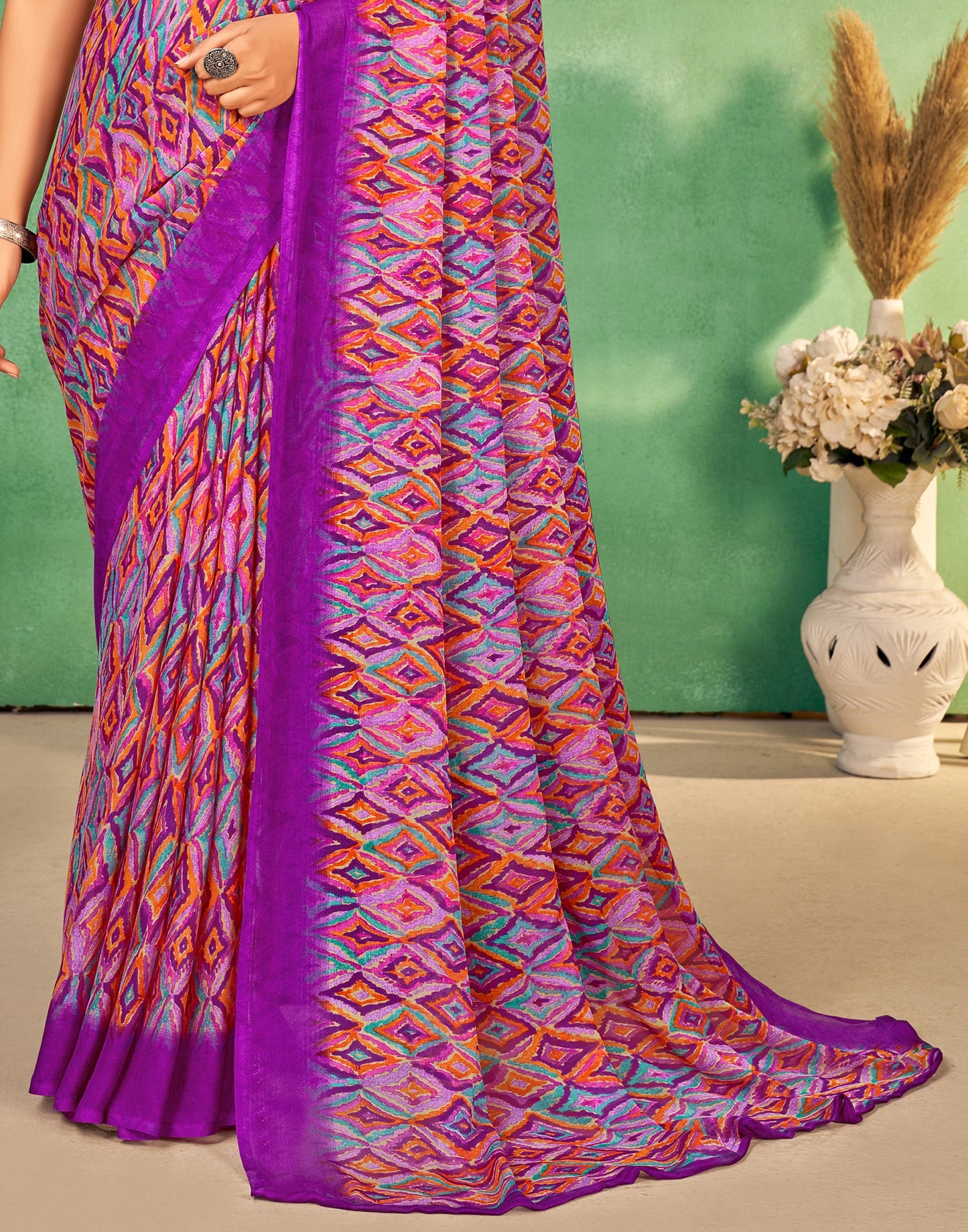 Dark Pink Chiffon Printed Saree