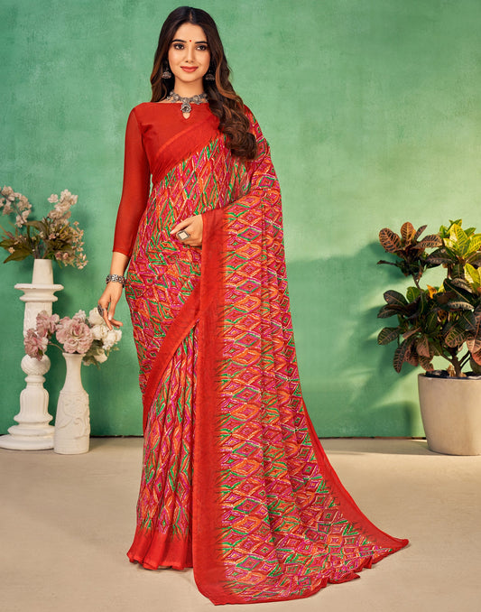 Orange Chiffon Printed Saree