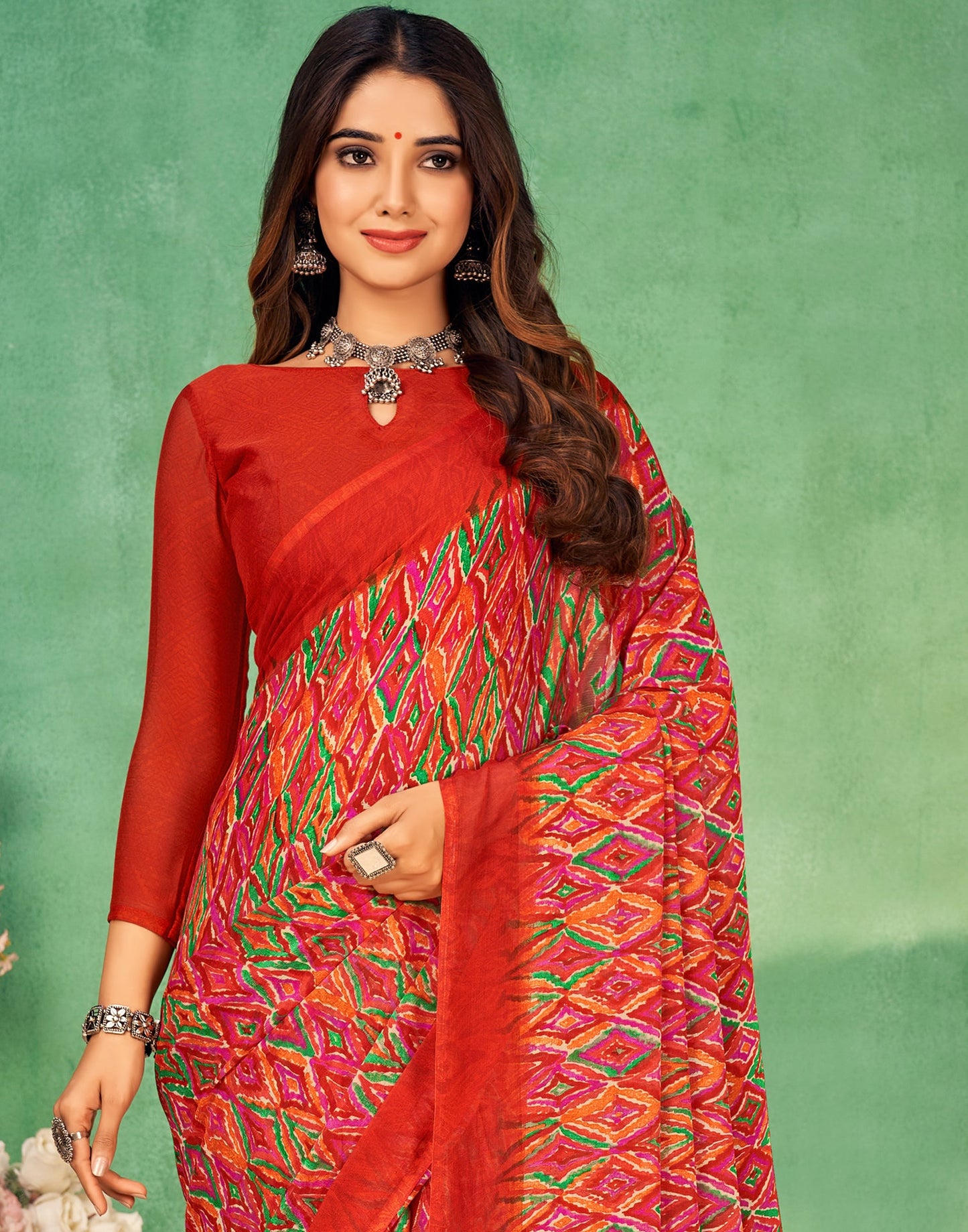 Orange Chiffon Printed Saree