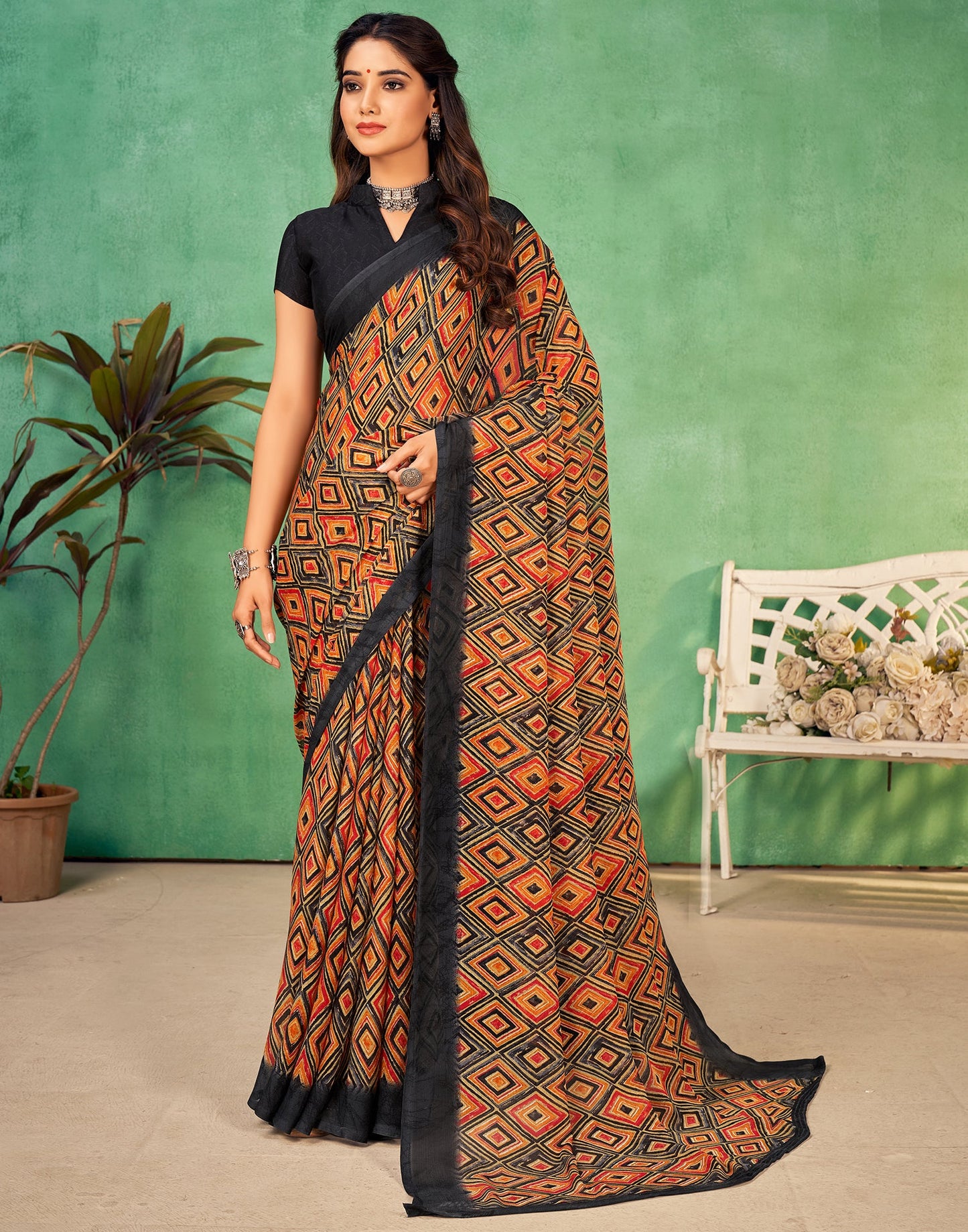 Mustard Yellow Chiffon Printed Saree