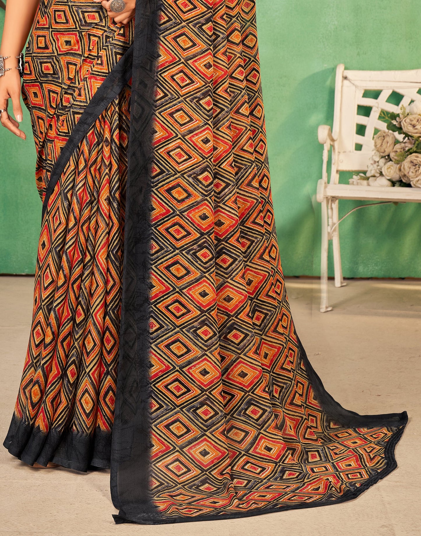 Mustard Yellow Chiffon Printed Saree