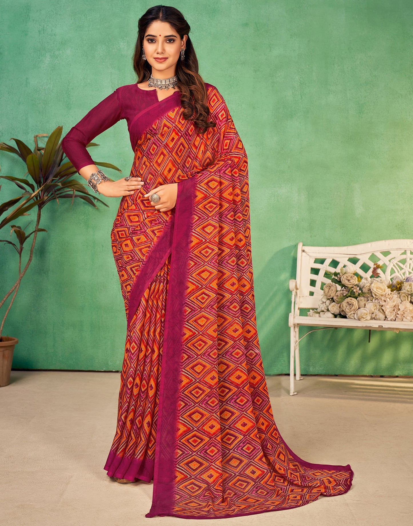 Dark Pink Chiffon Printed Saree