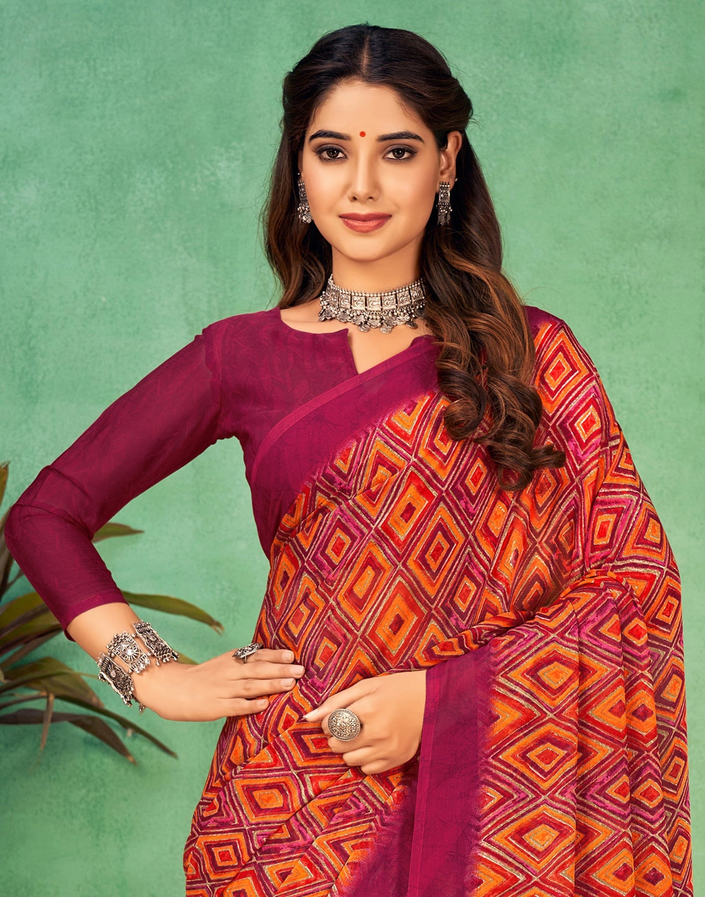 Dark Pink Chiffon Printed Saree