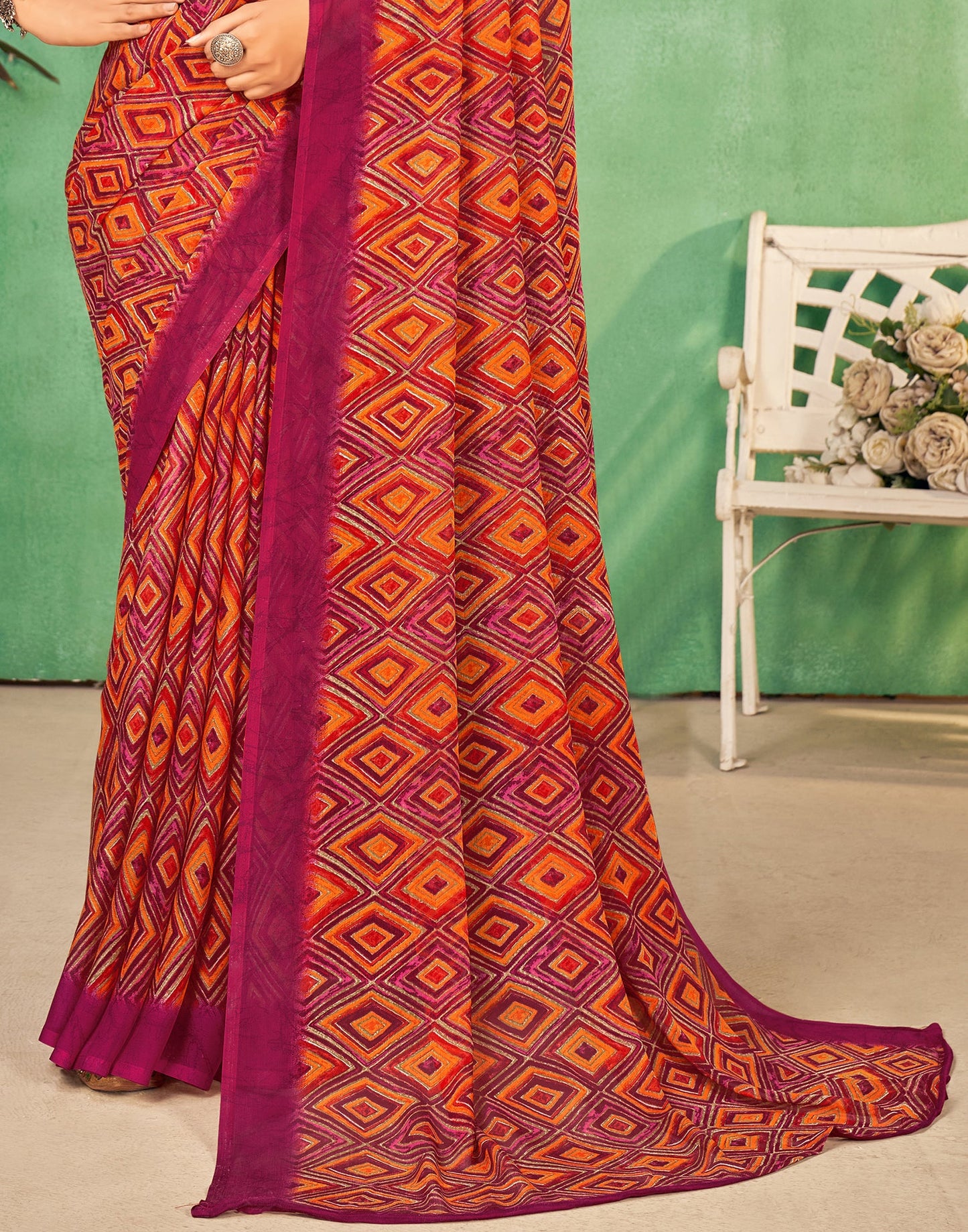 Dark Pink Chiffon Printed Saree