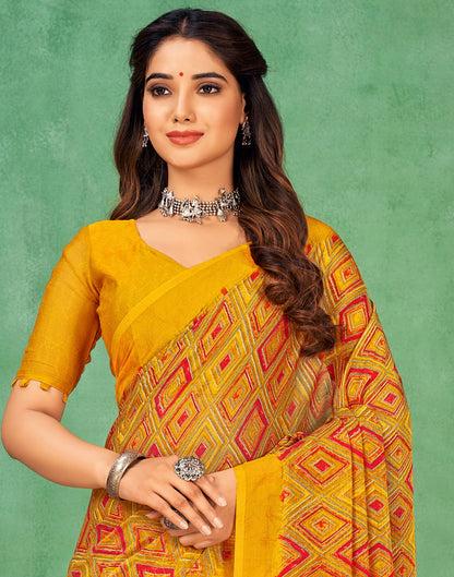 Mustard Yellow Chiffon Printed Saree