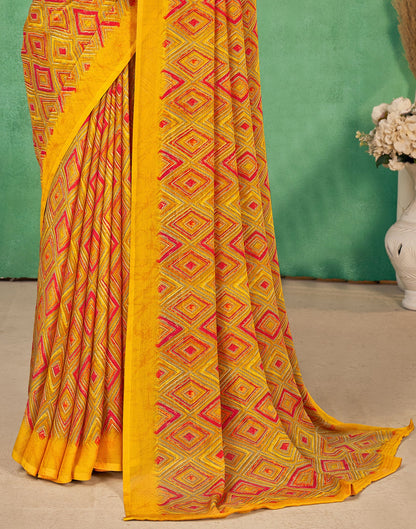 Mustard Yellow Chiffon Printed Saree