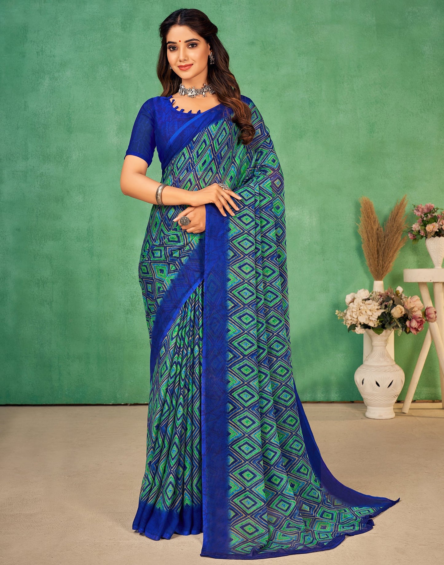 Blue Chiffon Printed Saree