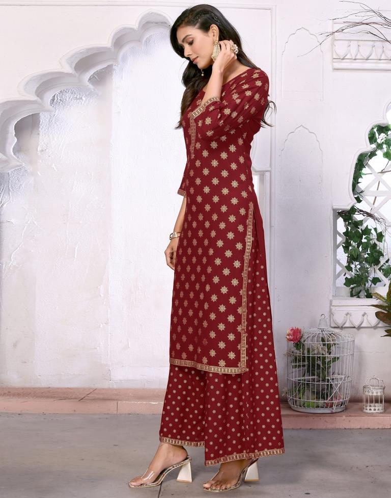 Maroon Foil Prined Kurta With Pant And Dupatta