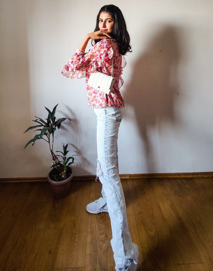 Multicoloured Ruffled Sleeve Top | Sudathi