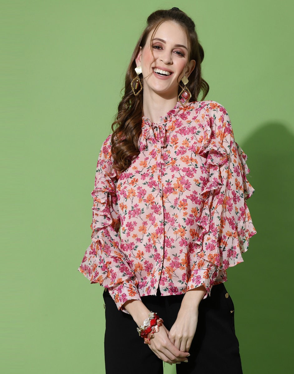 Multicoloured Ruffled Sleeve Top | Sudathi