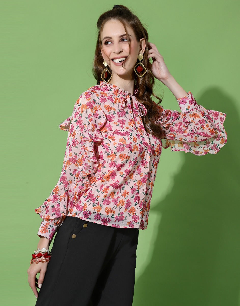 Multicoloured Ruffled Sleeve Top | Sudathi