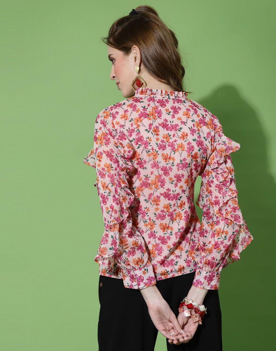 Multicoloured Ruffled Sleeve Top | Sudathi