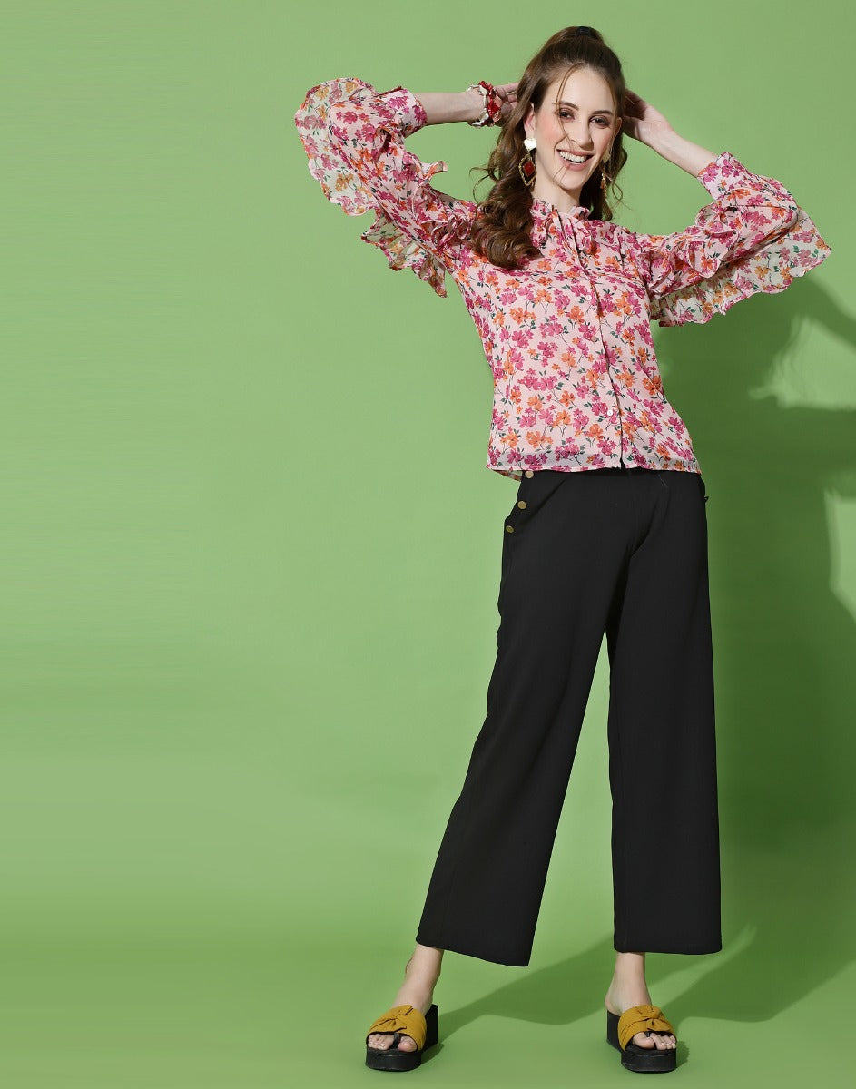 Multicoloured Ruffled Sleeve Top | Sudathi