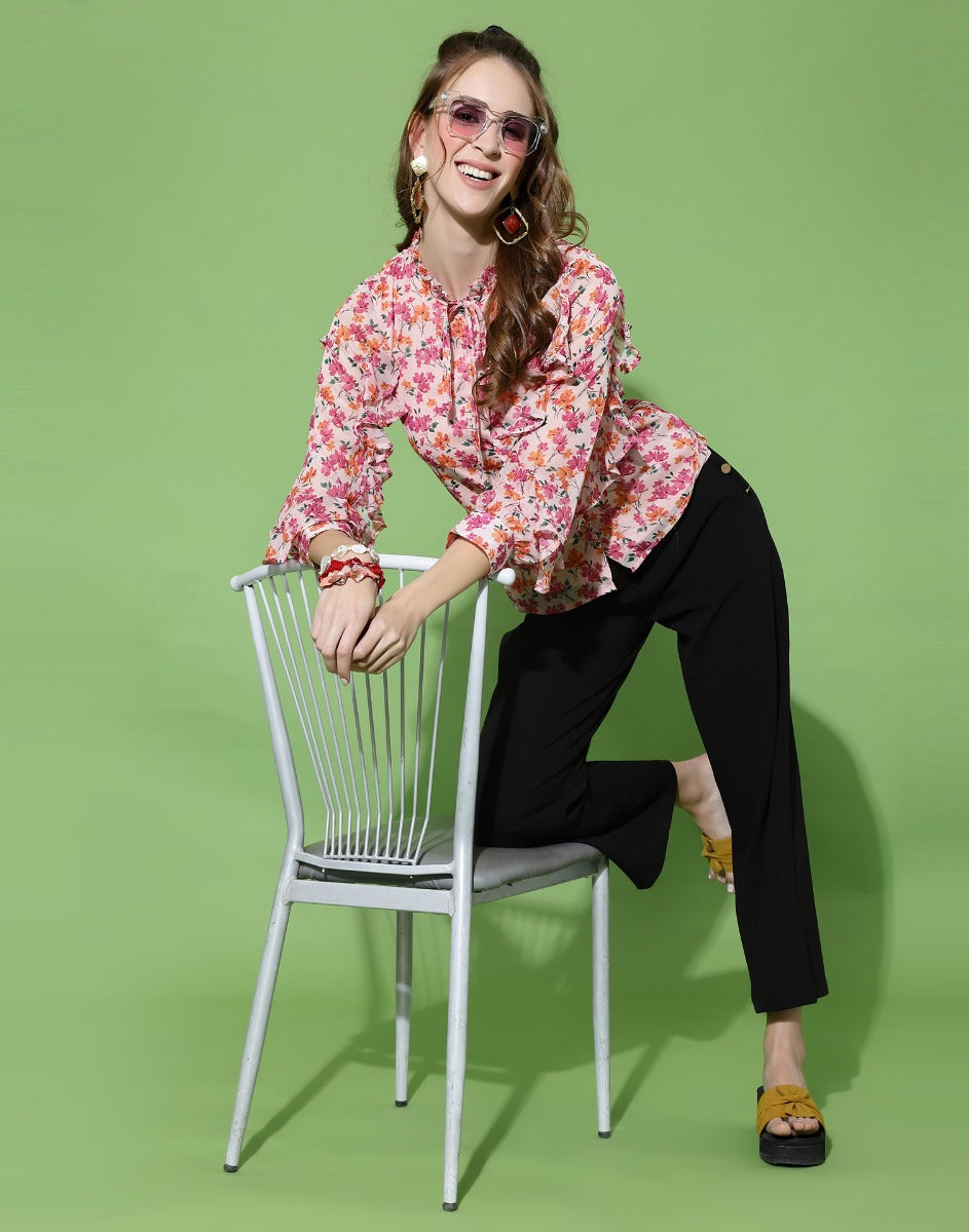Multicoloured Ruffled Sleeve Top | Sudathi