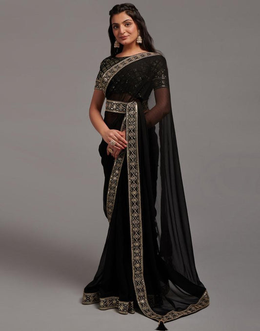 Black Chiffon Plain Saree | Leemboodi