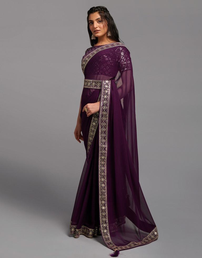 Wine Chiffon Plain Saree | Leemboodi