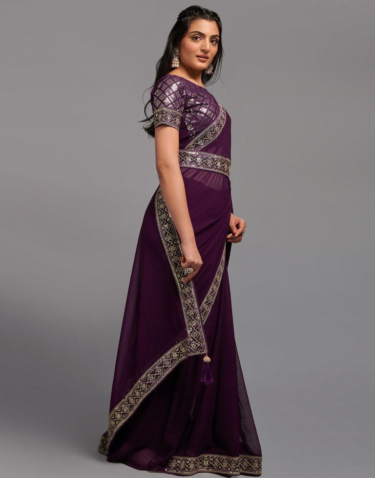 Wine Chiffon Plain Saree | Leemboodi