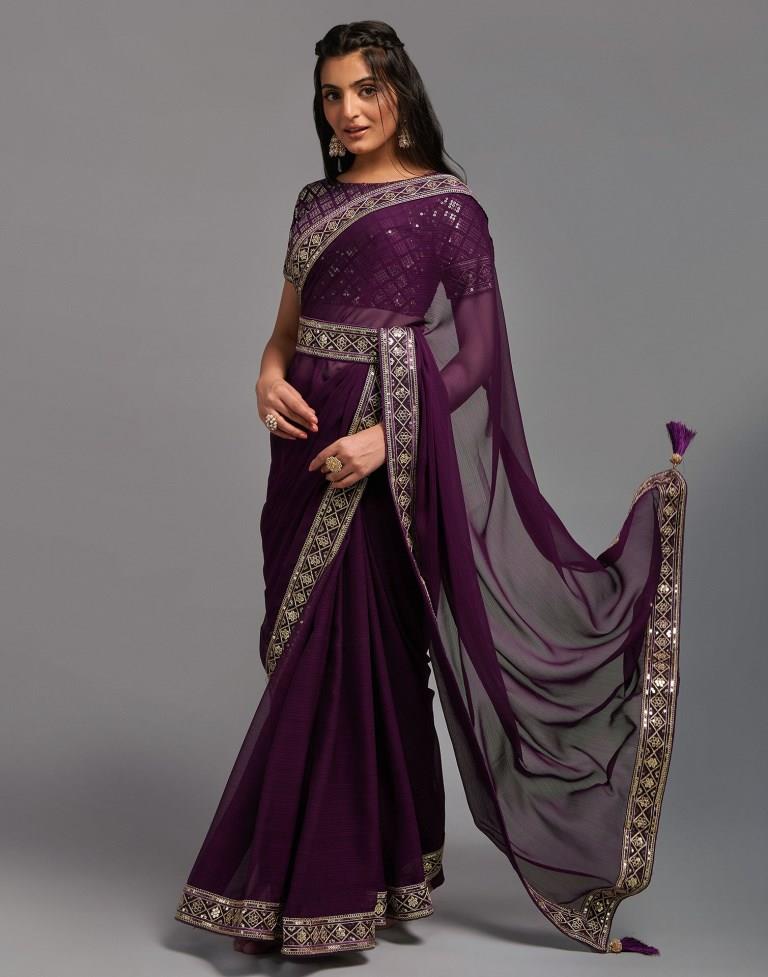 Wine Chiffon Plain Saree | Leemboodi