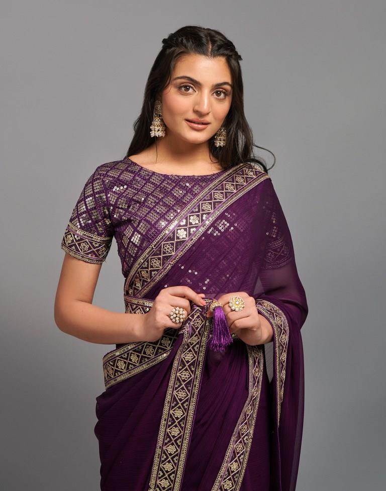 Wine Chiffon Plain Saree | Leemboodi