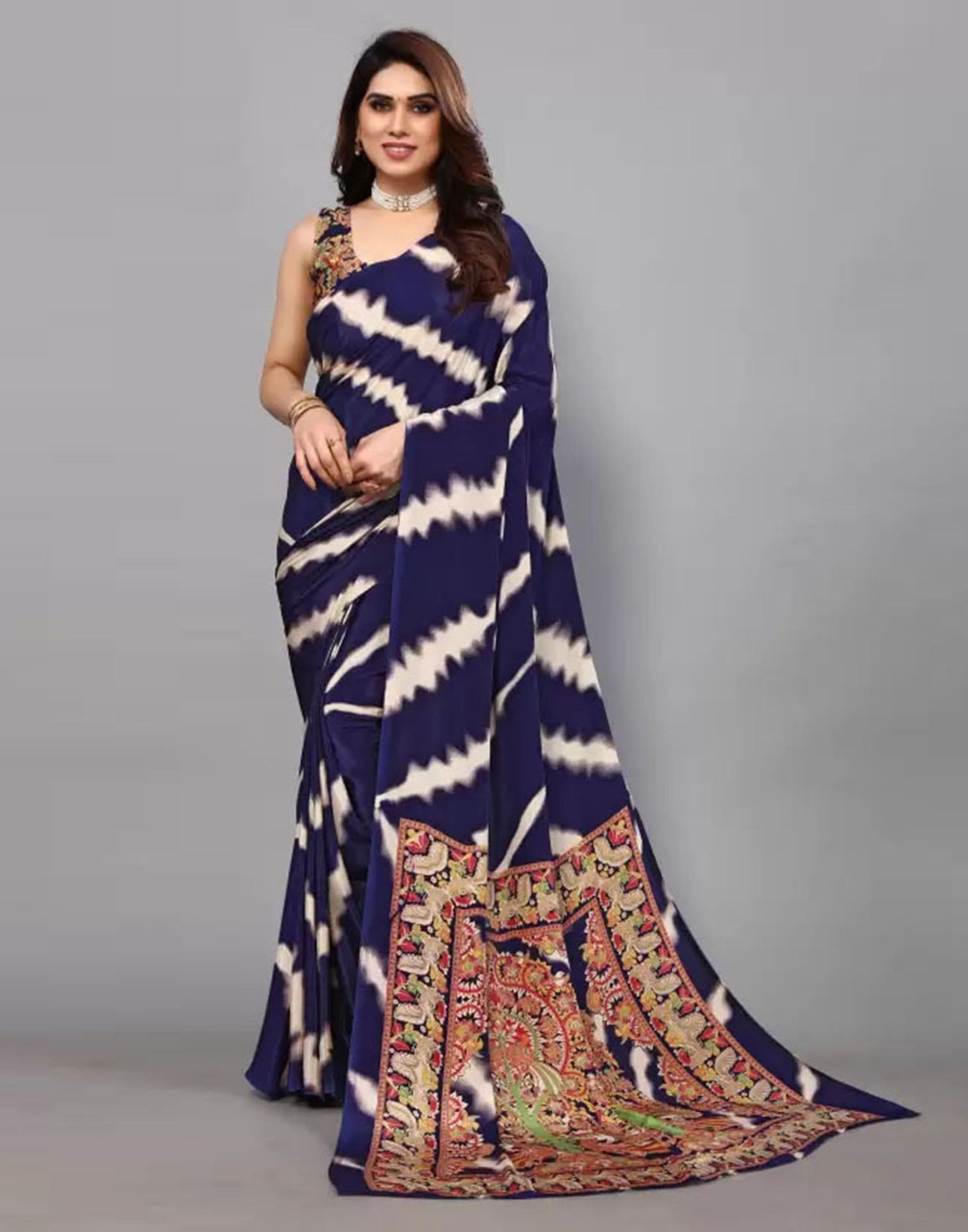 Navy Blue Chiffon Printed Saree