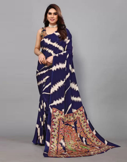 Navy Blue Chiffon Printed Saree