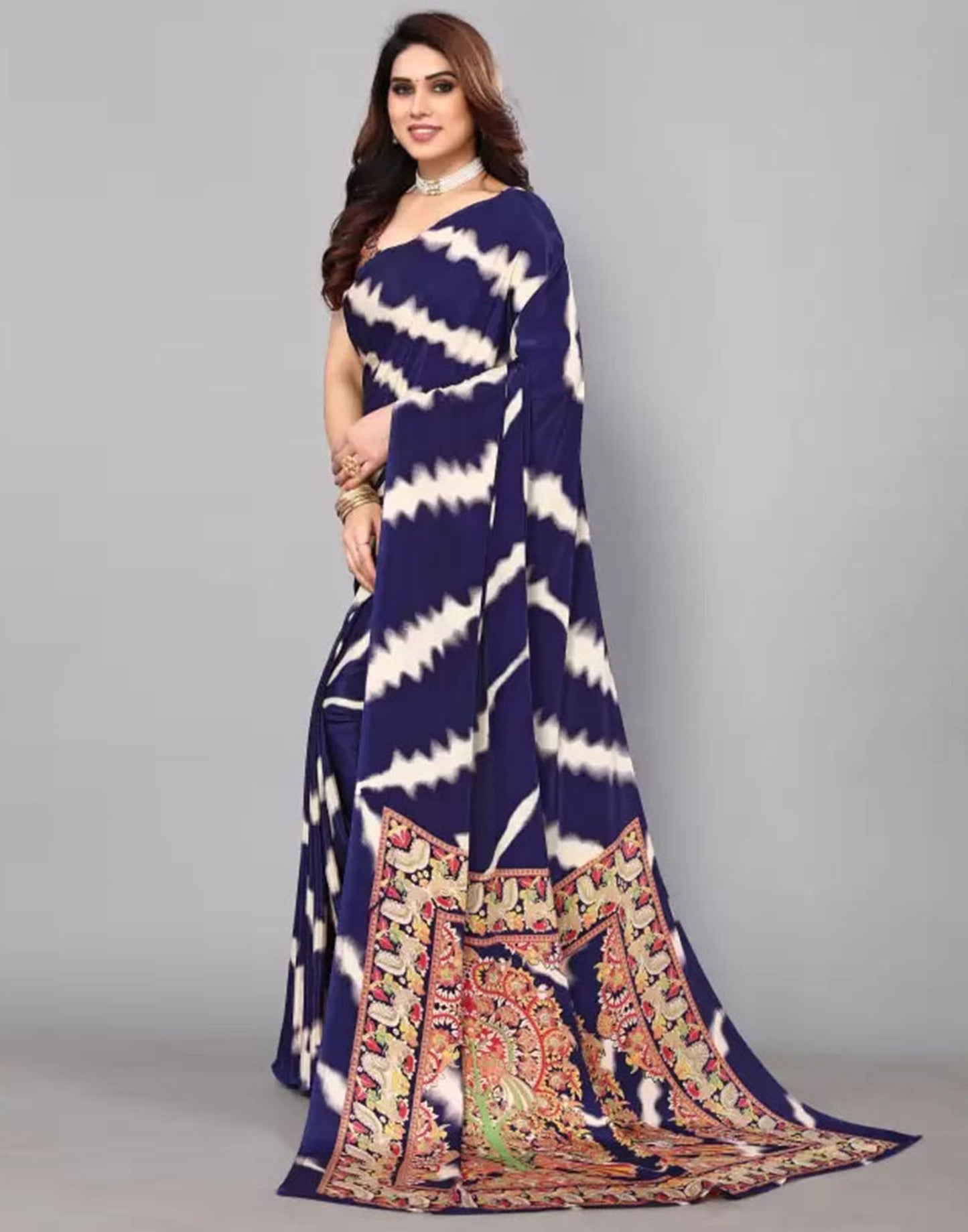 Navy Blue Chiffon Printed Saree