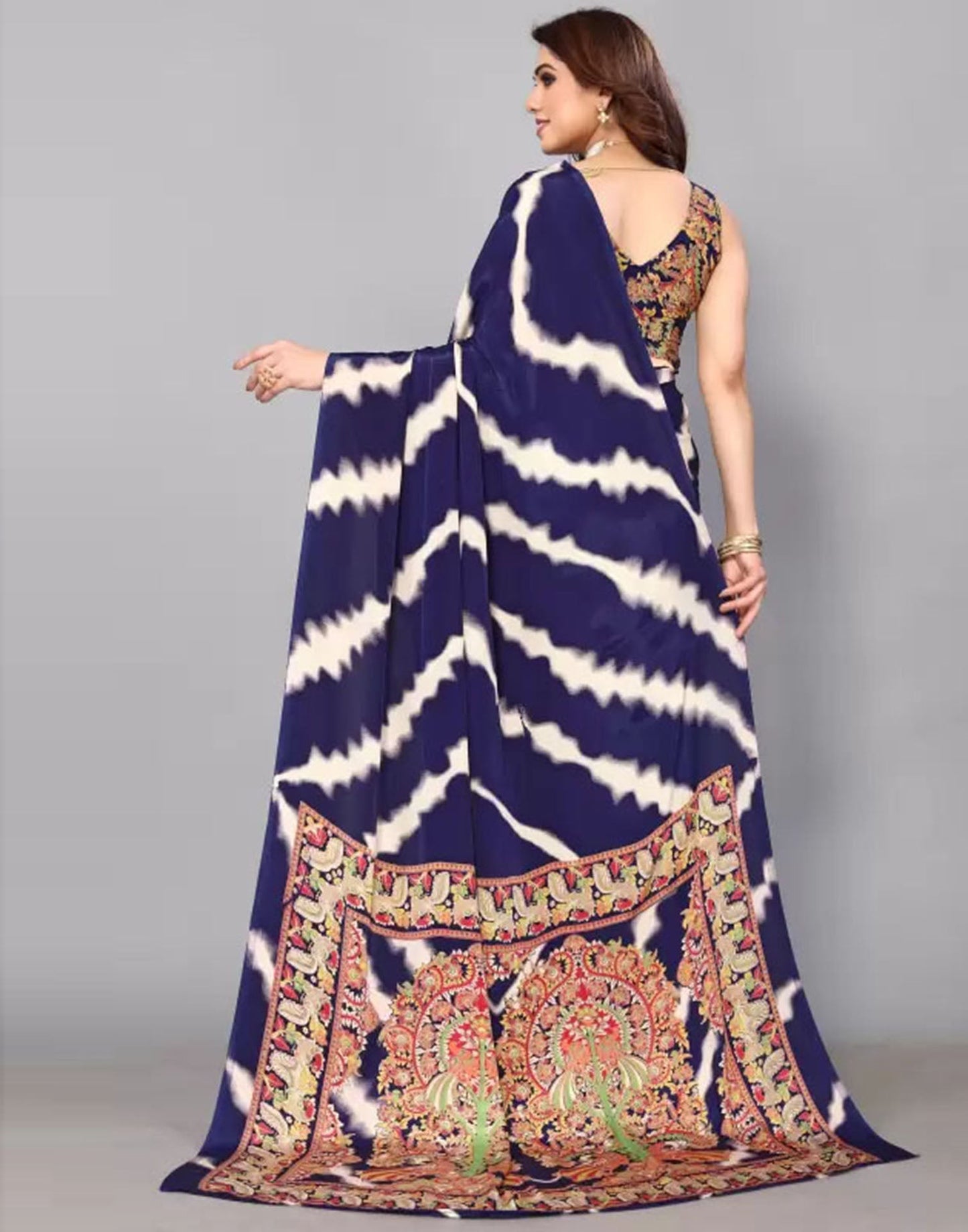 Navy Blue Chiffon Printed Saree