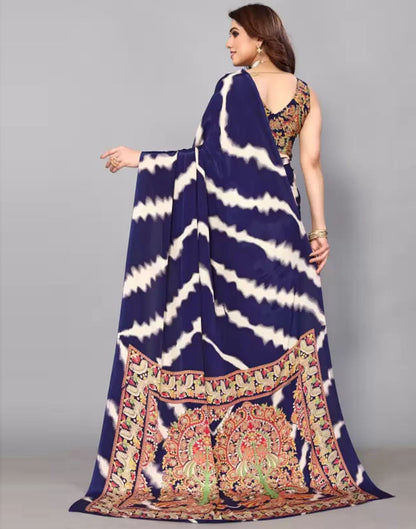 Navy Blue Chiffon Printed Saree