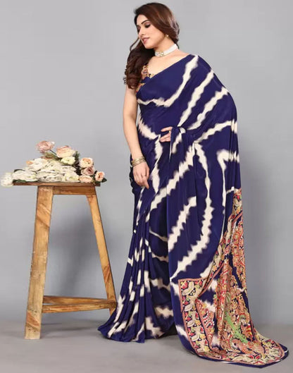 Navy Blue Chiffon Printed Saree