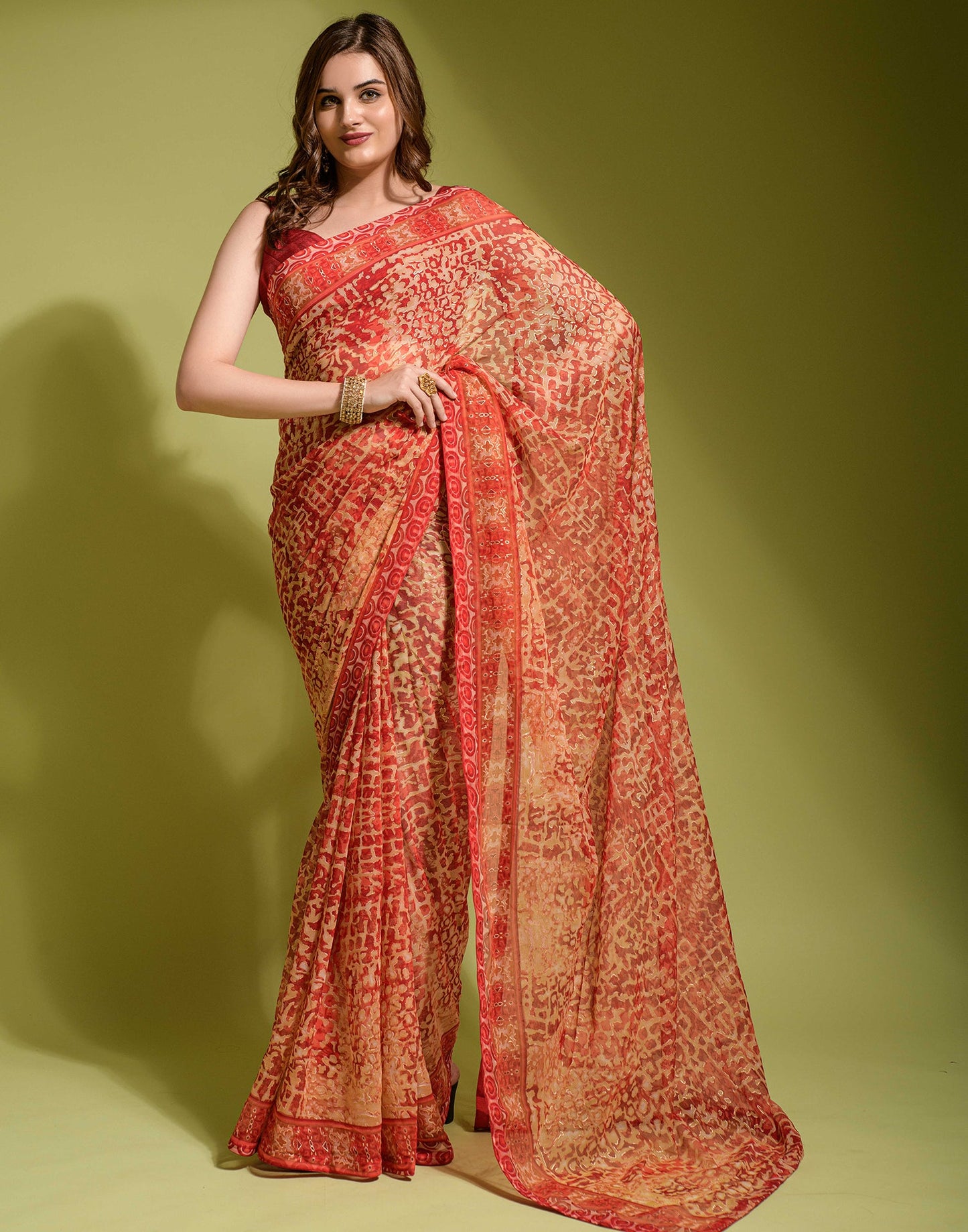 Red Chiffon Printed Saree