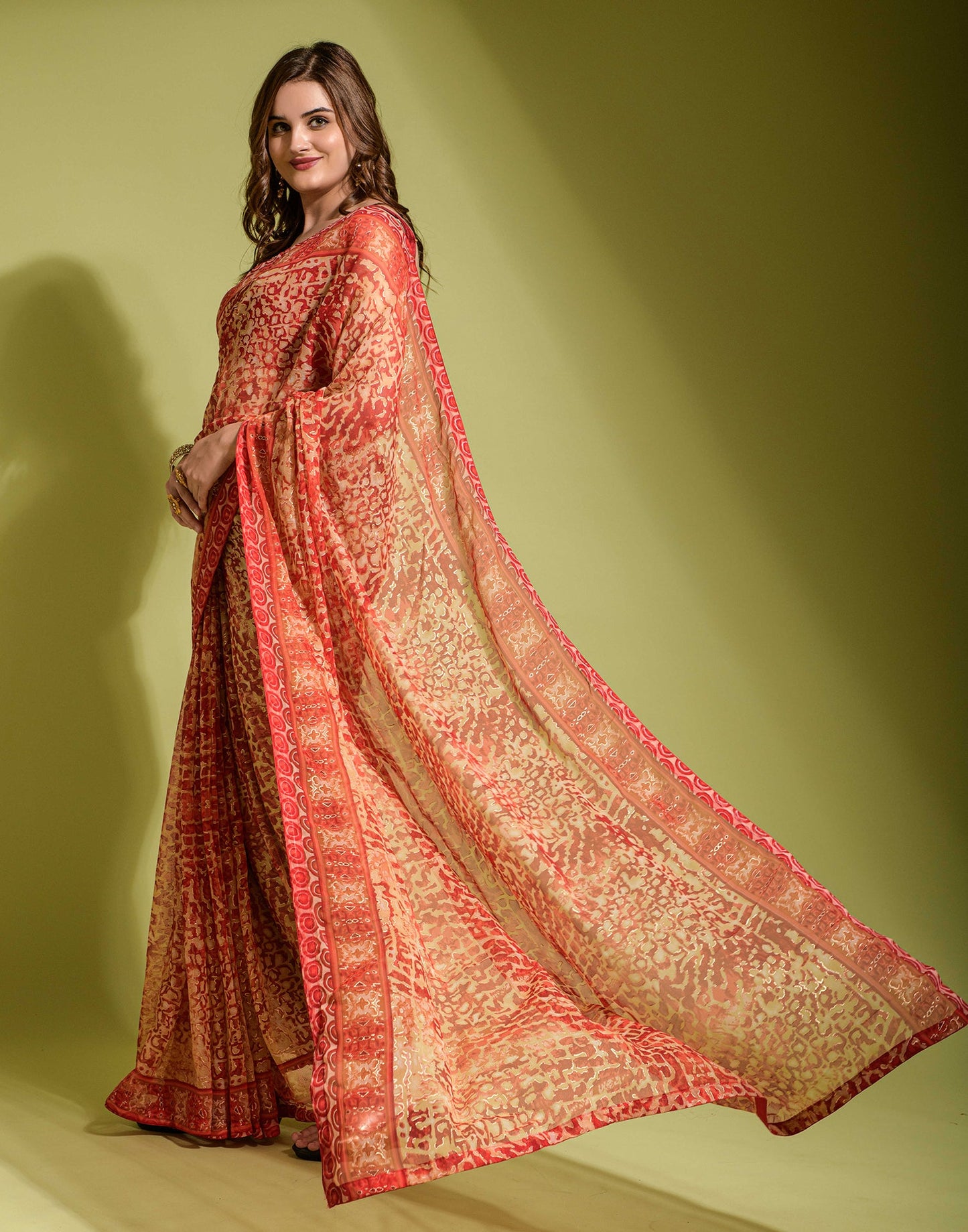 Red Chiffon Printed Saree