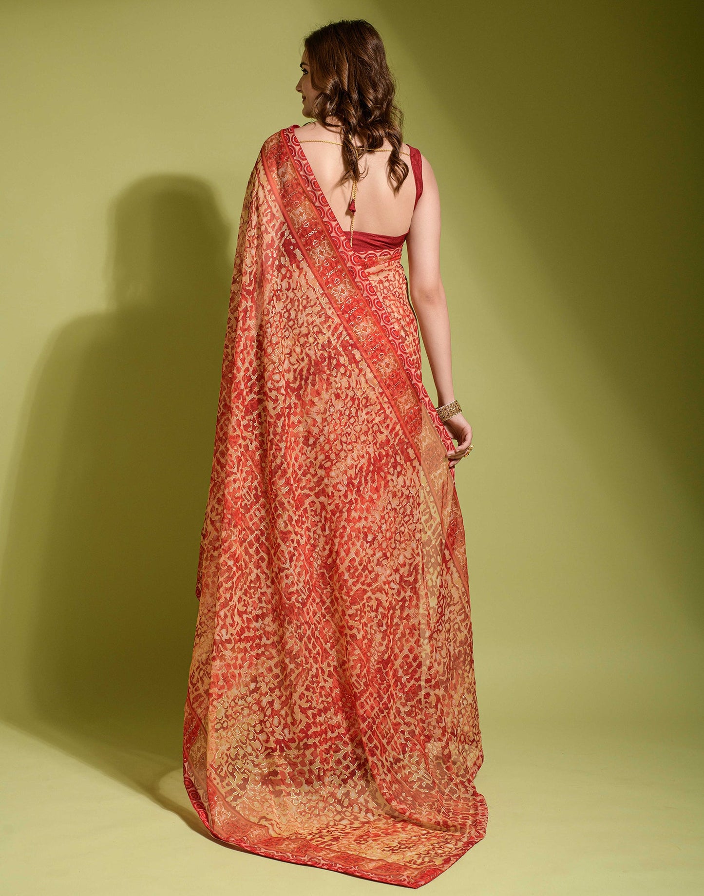 Red Chiffon Printed Saree