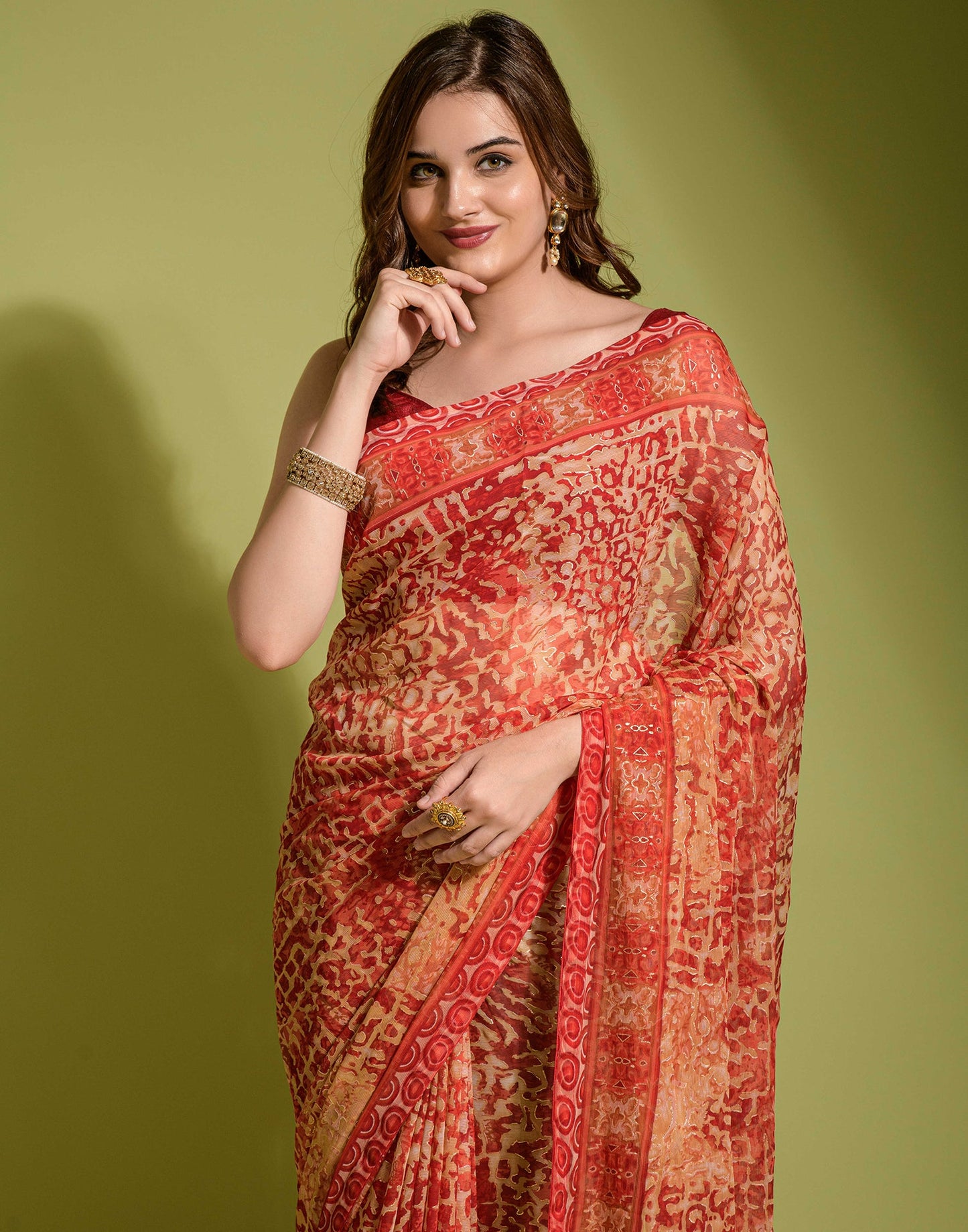 Red Chiffon Printed Saree