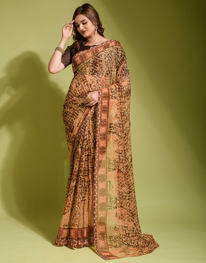 Brown Chiffon Printed Saree