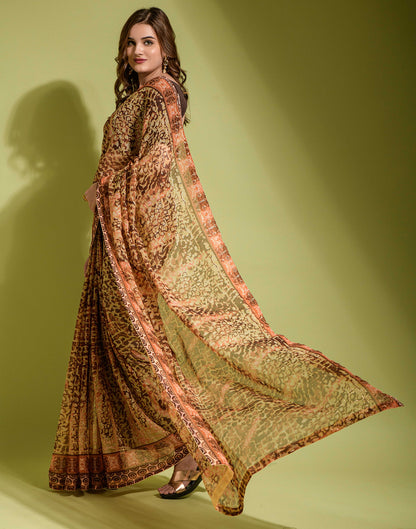 Brown Chiffon Printed Saree