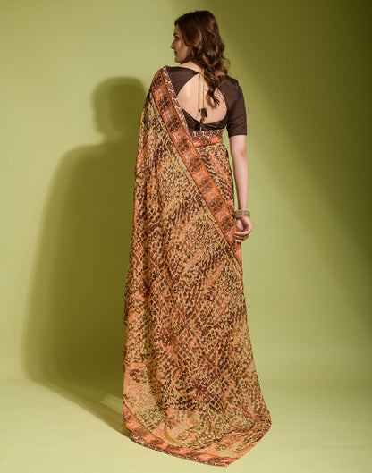 Brown Chiffon Printed Saree