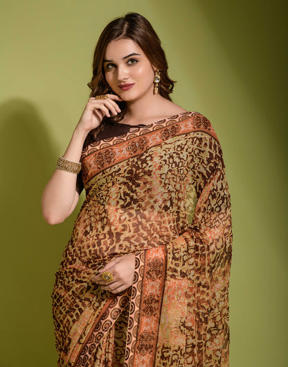 Brown Chiffon Printed Saree