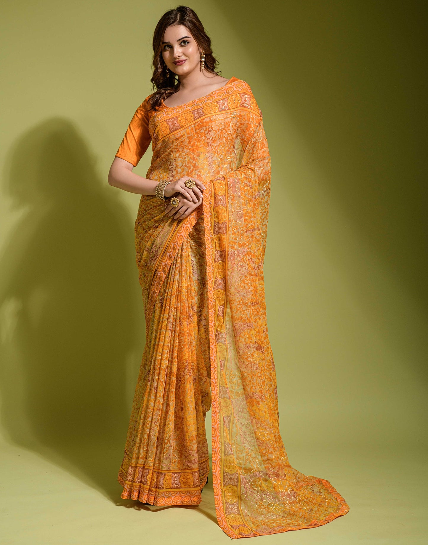 Yellow Chiffon Printed Saree