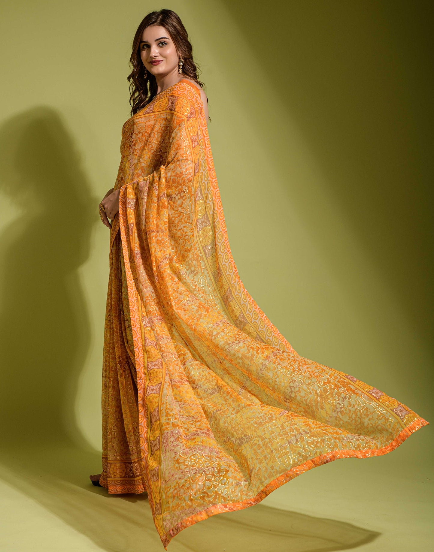 Yellow Chiffon Printed Saree