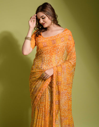 Yellow Chiffon Printed Saree